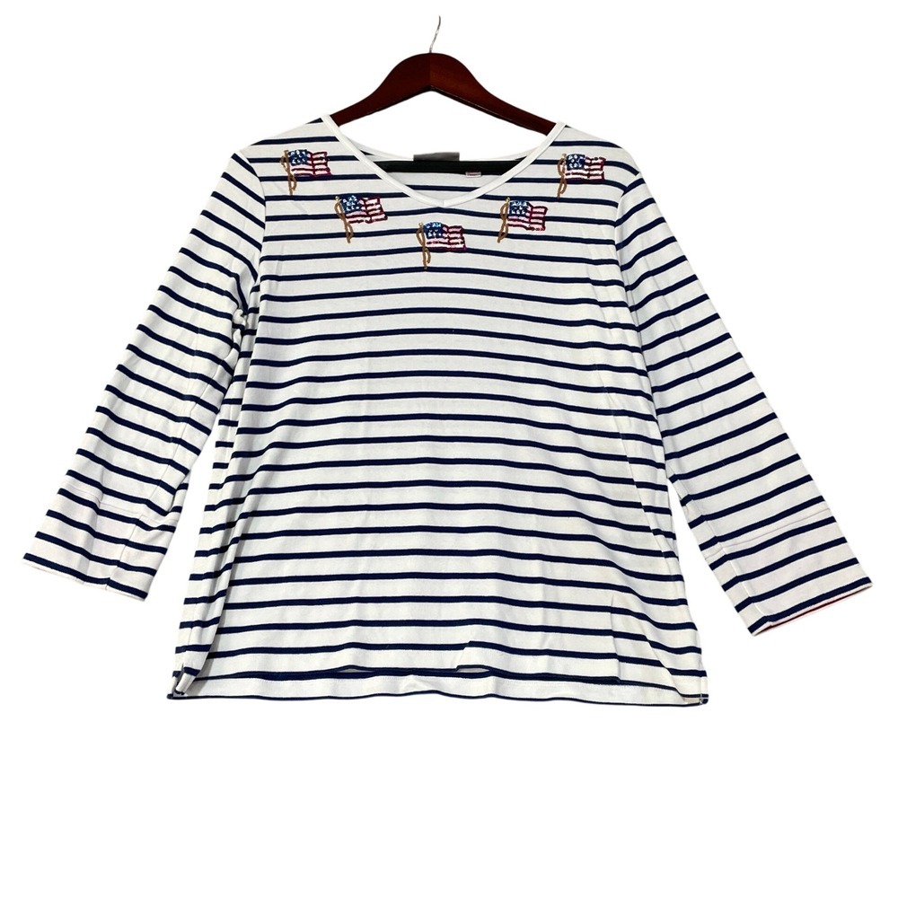 Quacker Factory Top Women's Medium Blue White Cotton Sequin USA Flag